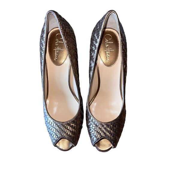 Cole Haan Gold Basket Woven Leather Peep Toe Pumps Womens Sz 10 GREAT CONDITION - Picture 4 of 10